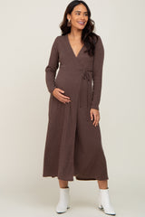 Brown Ribbed Knit Long Sleeve Maternity Wrap Dress