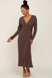 Brown Ribbed Knit Long Sleeve Wrap Dress