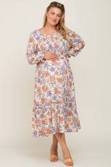 Taupe Multi-Color Floral Plus Maternity Midi Dress