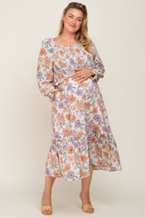 Taupe Multi-Color Floral Plus Maternity Midi Dress