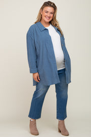 Blue Textured Button Down Maternity Plus Shacket