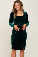 Forest Green Velvet Long Sleeve Side Slit Maternity Dress