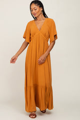 Camel V-Neck Flounce Sleeve Maternity Maxi Dress