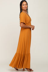 Camel V-Neck Flounce Sleeve Maxi Dress