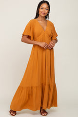 Camel V-Neck Flounce Sleeve Maxi Dress