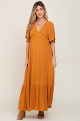 Camel V-Neck Flounce Sleeve Maternity Maxi Dress