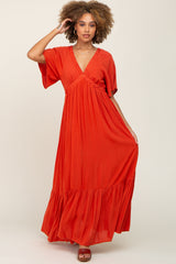 Rust V-Neck Flounce Sleeve Maternity Maxi Dress