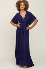 Navy V-Neck Flounce Sleeve Maxi Dress