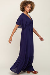 Navy V-Neck Flounce Sleeve Maxi Dress