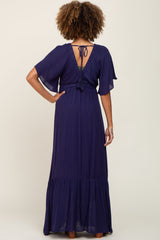 Navy V-Neck Flounce Sleeve Maxi Dress