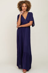 Navy V-Neck Flounce Sleeve Maxi Dress