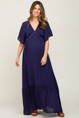 Navy V-Neck Flounce Sleeve Maternity Maxi Dress