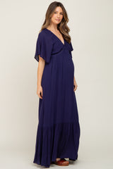 Navy V-Neck Flounce Sleeve Maternity Maxi Dress