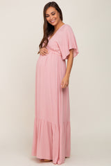 Light Pink V-Neck Flounce Sleeve Maternity Maxi Dress