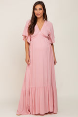 Light Pink V-Neck Flounce Sleeve Maternity Maxi Dress