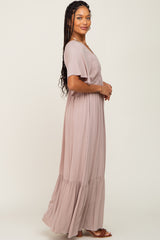 Taupe V-Neck Flounce Sleeve Maxi Dress