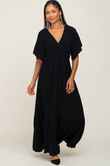 Black V-Neck Flounce Sleeve Maxi Dress