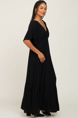 Black V-Neck Flounce Sleeve Maxi Dress