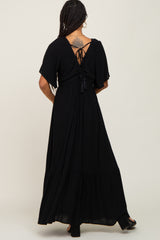 Black V-Neck Flounce Sleeve Maxi Dress