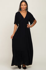 Black V-Neck Flounce Sleeve Maxi Dress