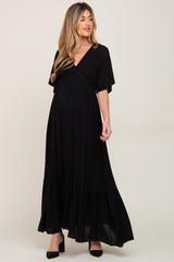 Black V-Neck Flounce Sleeve Maternity Maxi Dress