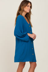 Teal Button Front Balloon Sleeve Dress