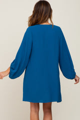 Teal Button Front Balloon Sleeve Dress