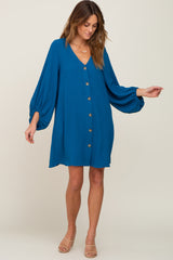 Teal Button Front Balloon Sleeve Dress