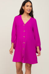 Magenta Button Front Balloon Sleeve Maternity Dress