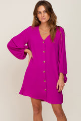 Magenta Button Front Balloon Sleeve Maternity Dress