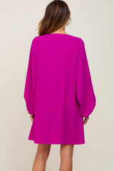 Magenta Button Front Balloon Sleeve Dress