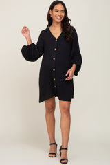 Black Button Front Balloon Sleeve Maternity Dress