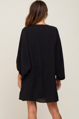 Black Button Front Balloon Sleeve Dress