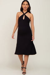 Black Halter Twist Maternity Midi Dress