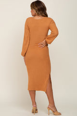 Camel Ribbed Knit Cinched Long Sleeve Maternity Midi Dress