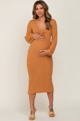 Camel Ribbed Knit Cinched Long Sleeve Maternity Midi Dress