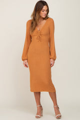 Camel Ribbed Knit Cinched Long Sleeve Maternity Midi Dress