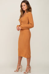 Camel Ribbed Knit Cinched Long Sleeve Midi Dress