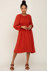 Rust Smocked Long Sleeve Midi Dress