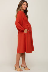 Rust Smocked Long Sleeve Maternity Midi Dress