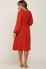 Rust Smocked Long Sleeve Maternity Midi Dress