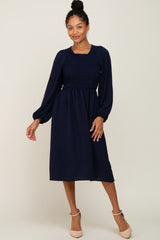 Navy Smocked Long Sleeve Maternity Midi Dress