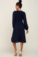 Navy Smocked Long Sleeve Midi Dress