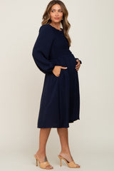 Navy Smocked Long Sleeve Maternity Midi Dress