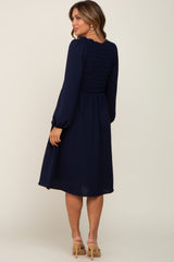 Navy Smocked Long Sleeve Maternity Midi Dress