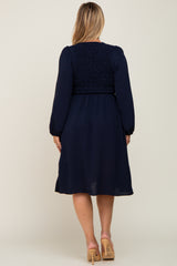 Navy Smocked Long Sleeve Maternity Plus Midi Dress