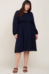 Navy Smocked Long Sleeve Plus Midi Dress