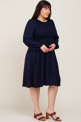 Navy Smocked Long Sleeve Plus Midi Dress