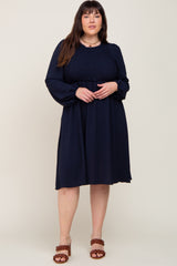 Navy Smocked Long Sleeve Plus Midi Dress