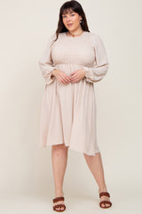 Taupe Smocked Long Sleeve Maternity Plus Midi Dress